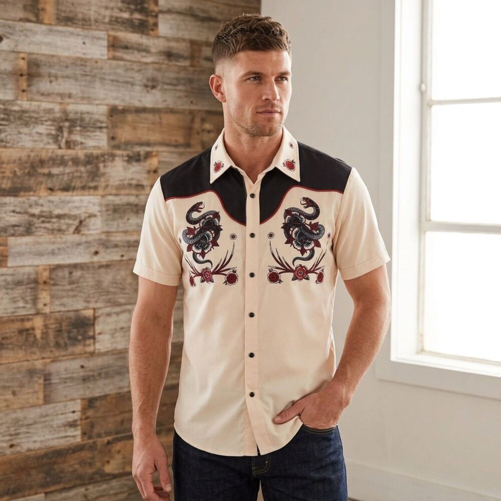 Manfinity Mens Small Western Snake Embroidered Short Sleeve Button Up Shirt S